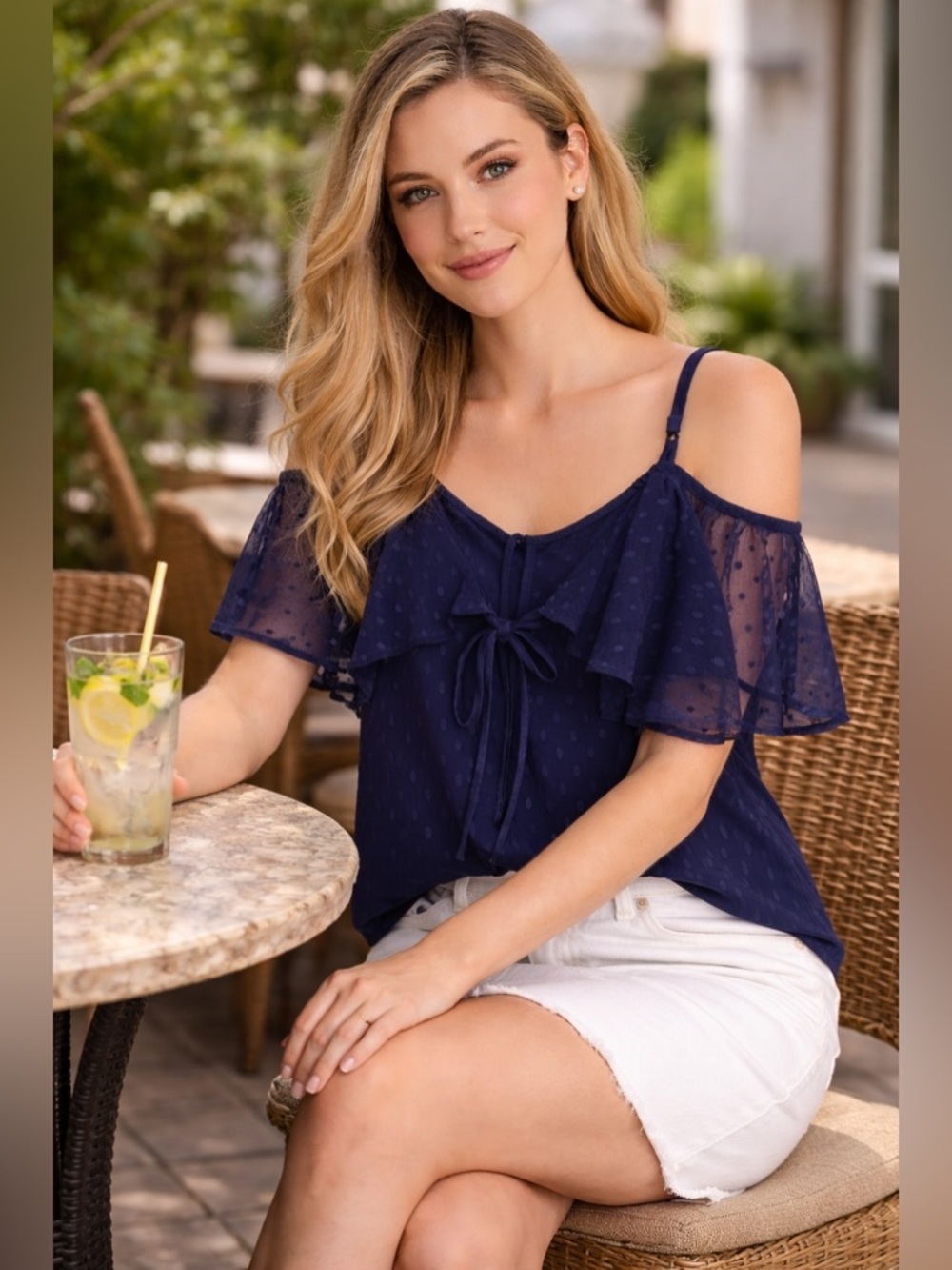 Navy Off Shoulder Chiffon Blouse Polka Dot Ruffle Top Medium